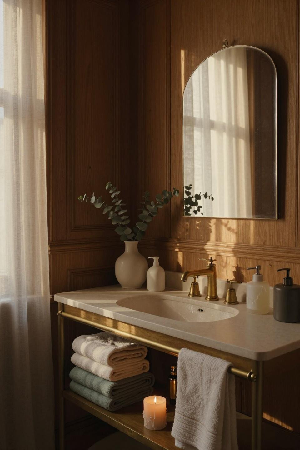 bathroom vanity designs - brass framework with open shelving