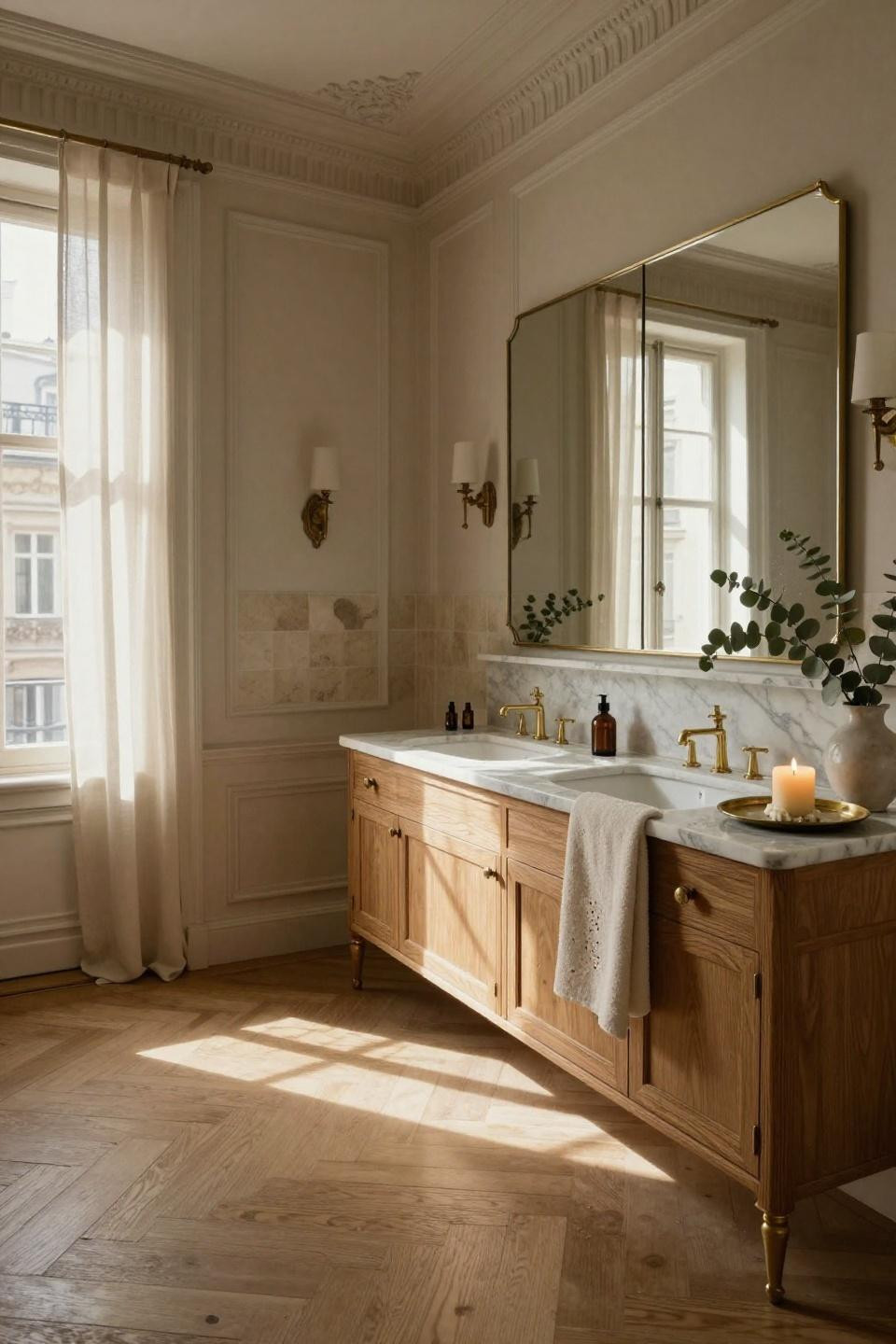 timeless bathroom - honed marble with herringbone floors