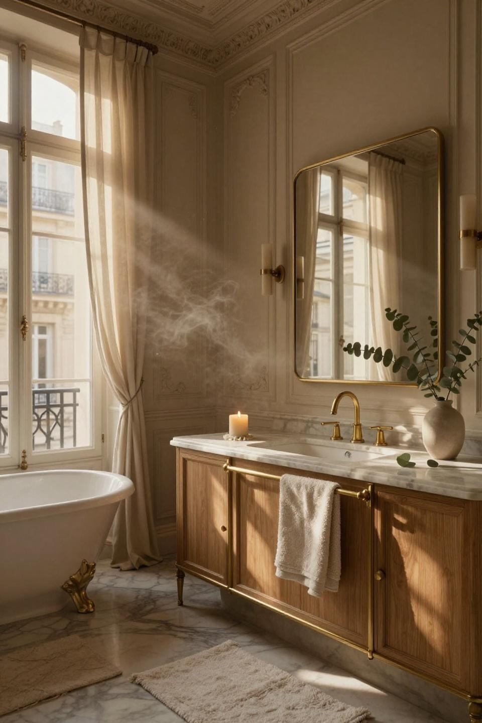 beige bathroom - floor-to-ceiling wainscoting with double vanity