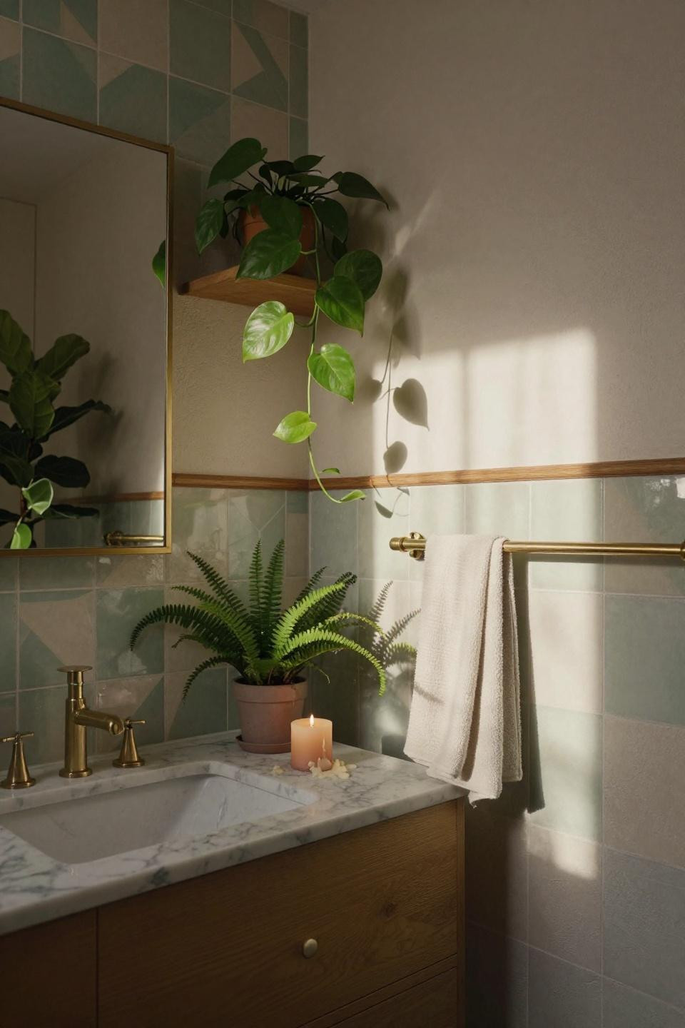 small bathroom remodel - oak wainscoting with trailing plants