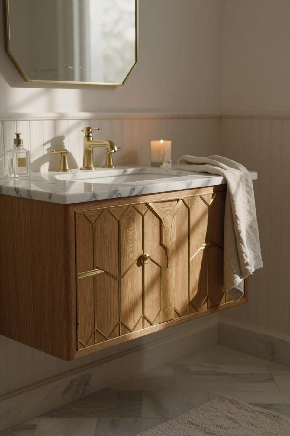 bathroom vanities ideas - geometric brass inlay on oak vanity