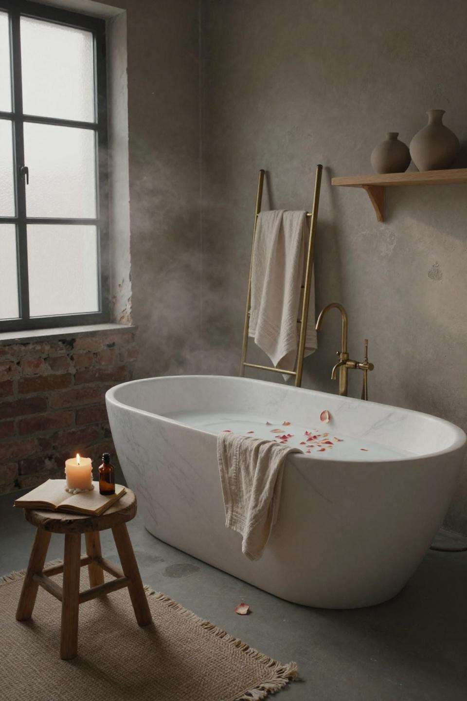 Bathroom Inspo - warm greige textured plaster walls with freestanding tub