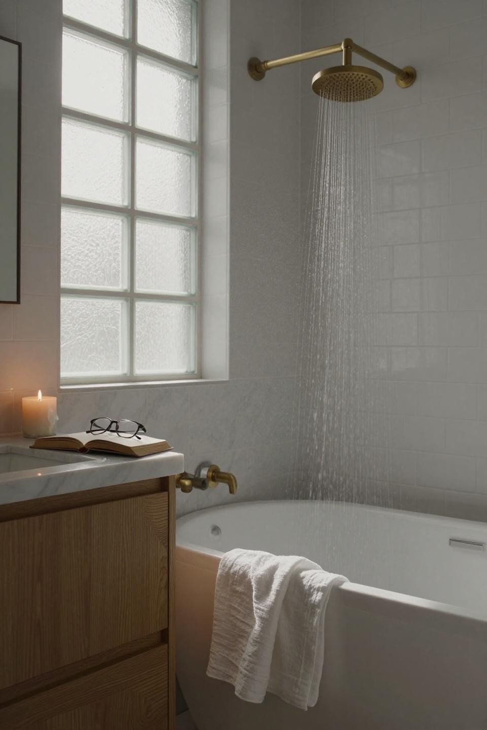 Bathroom Interior Design - white subway tile with aged brass rainfall shower