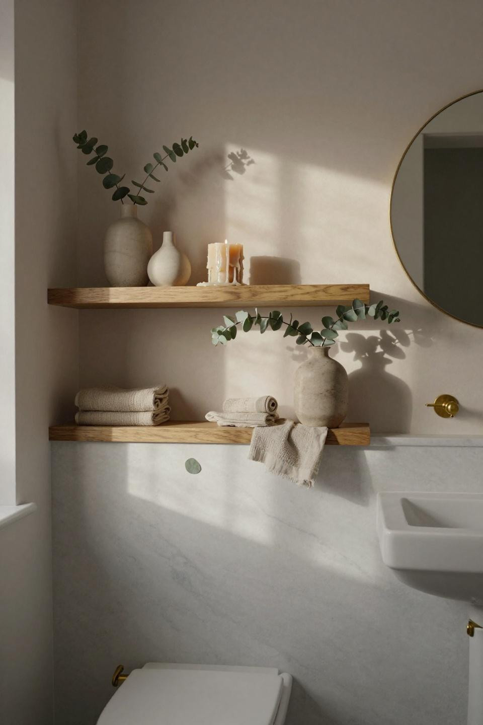 Bathroom Shelf Ideas Above Toilet - white oak shelves with Carrara marble and afternoon light