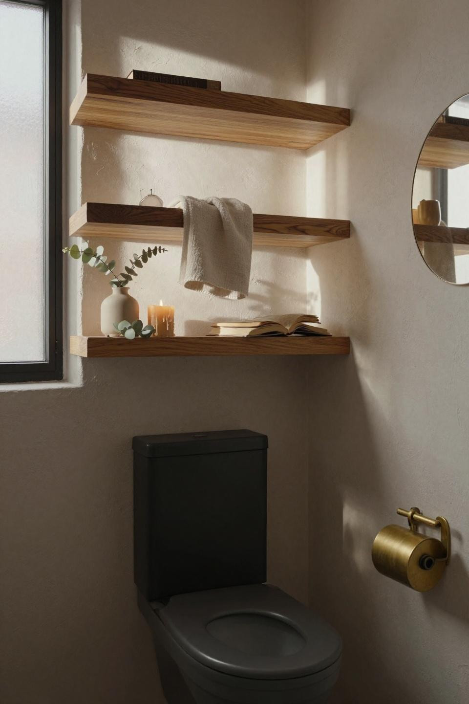 Toilet Room Ideas - honey oak floating shelves with matte black wall-mount toilet
