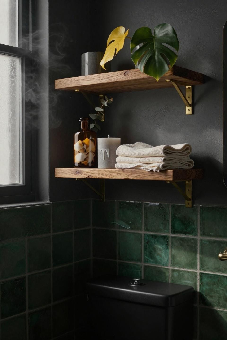 Bathroom Shelf Ideas Above Toilet - thick oak shelves against forest green zellige tile