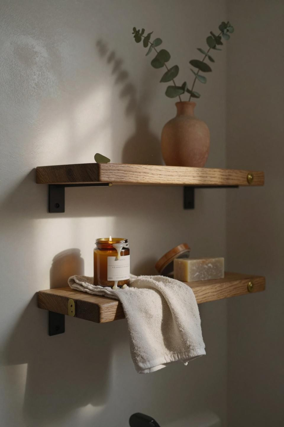 Floating Shelves Over Toilet - weathered reclaimed oak with matte black invisible brackets