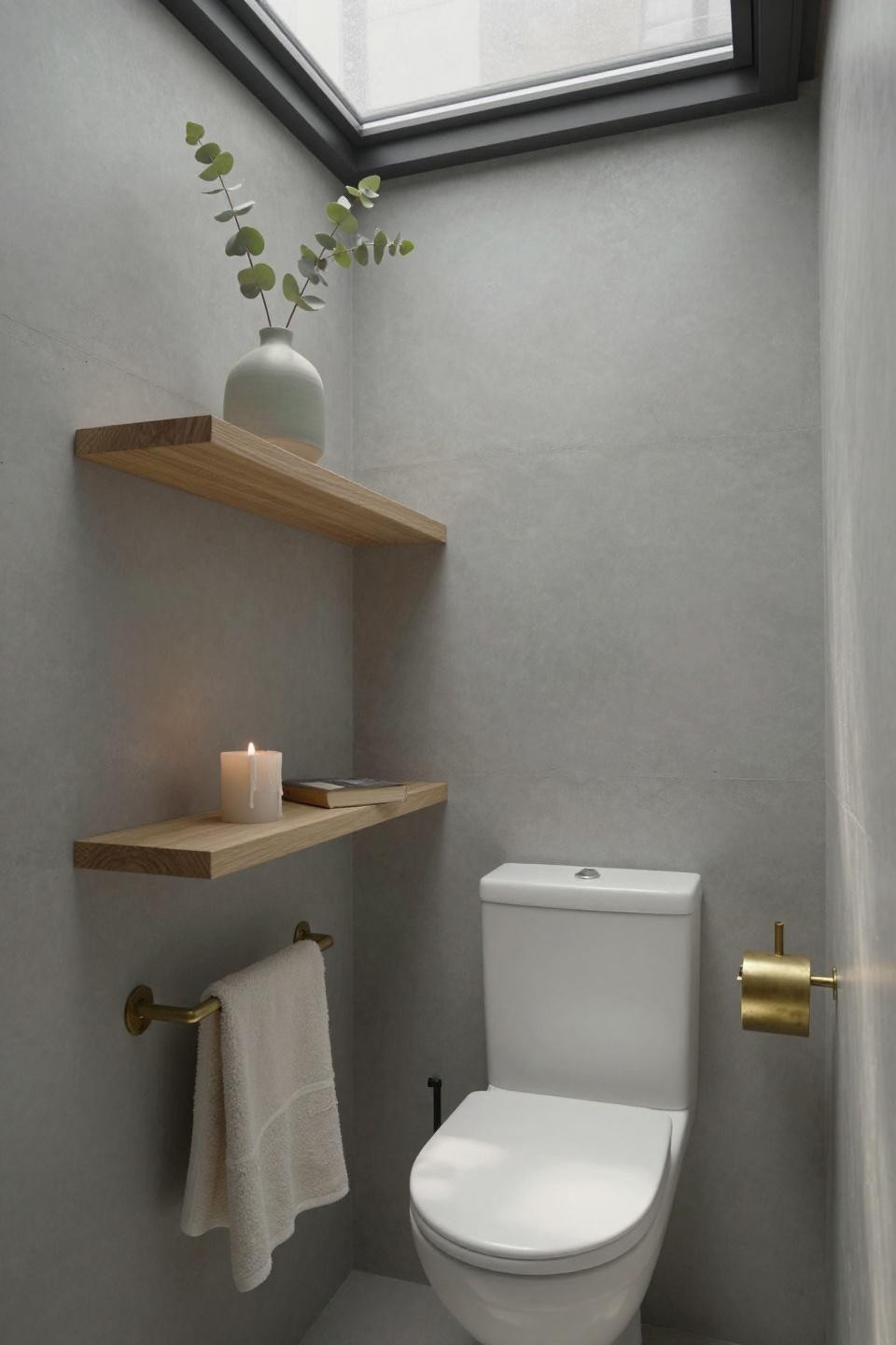 Toilet Closet Ideas - white oak shelves in greige concrete powder room