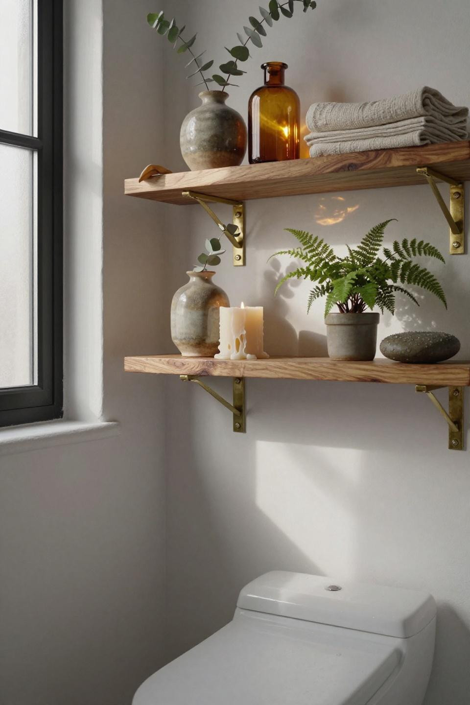 Bathroom Shelf Styling - hand-carved oak shelves with stoneware and brass accents