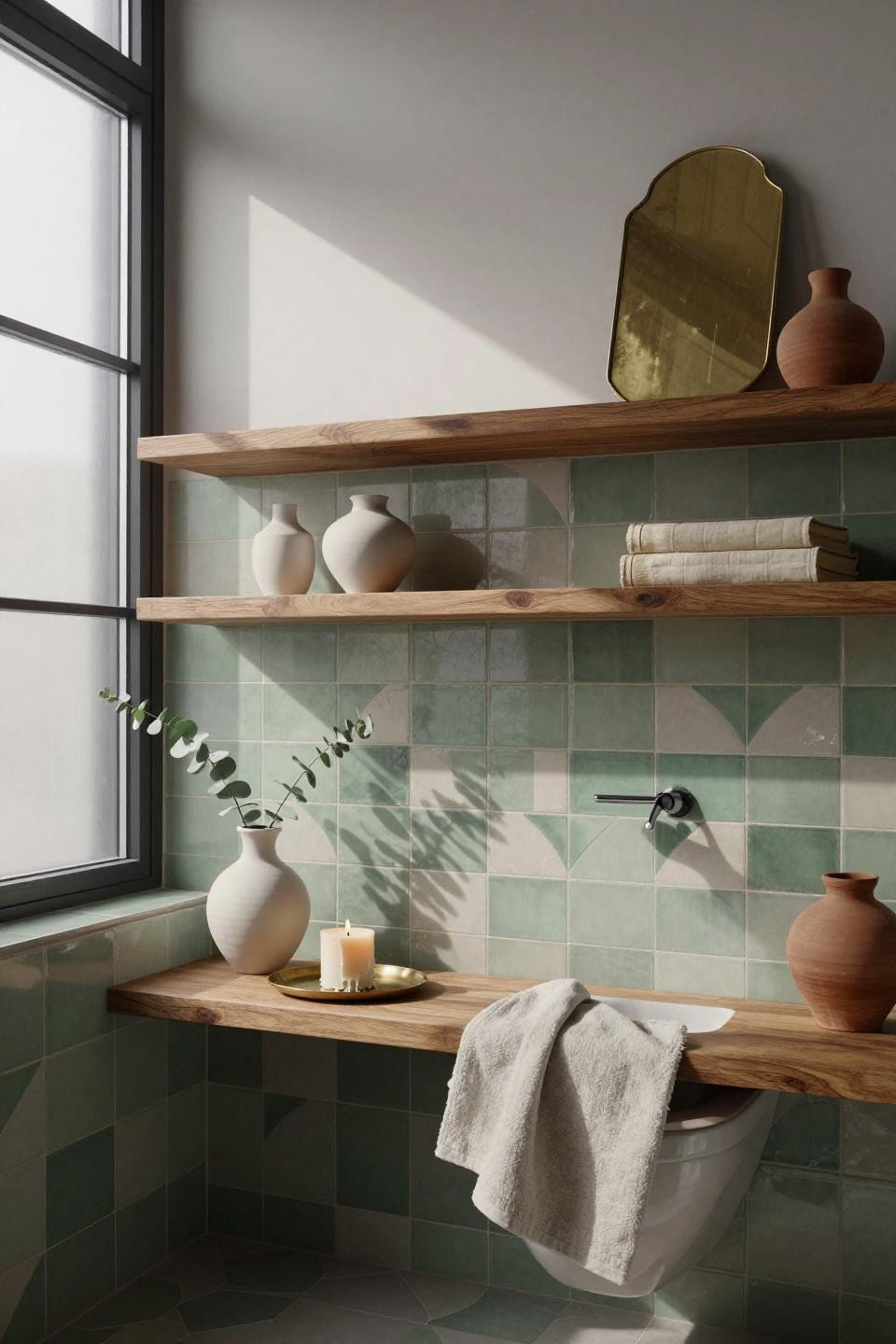 Bathroom Shelving Ideas - geometric sage zellige tiles with honey walnut floating shelves