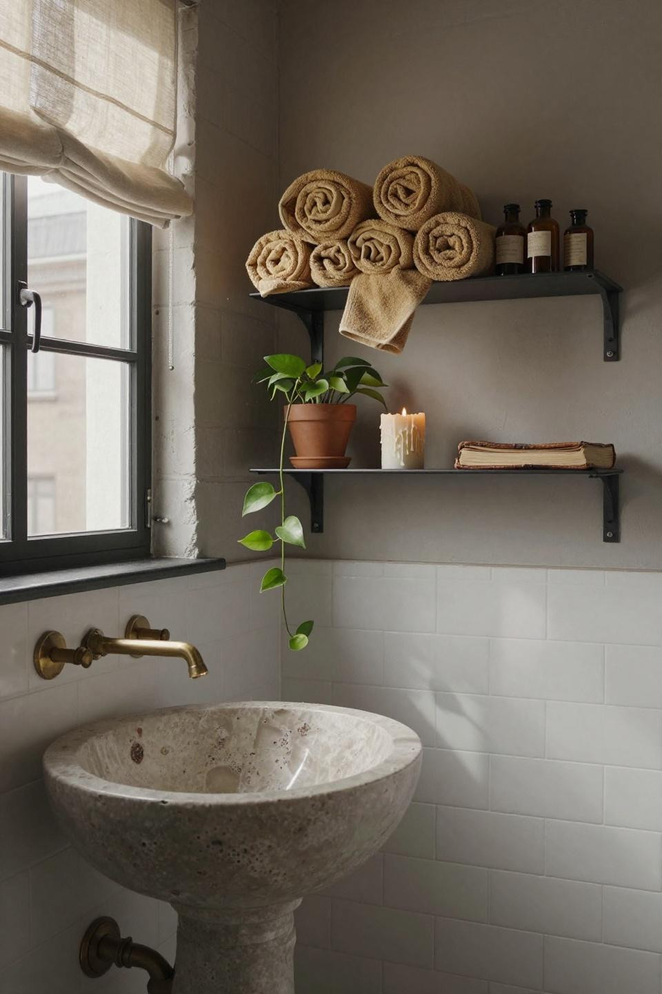 Bathroom Shelf Decor Over Toilet - blackened steel floating shelves against exposed whitewashed brick