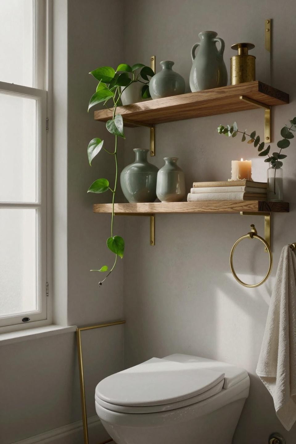 Floating Shelves Over Toilet - honey oak shelves with wall-hung toilet in Haussmann apartment