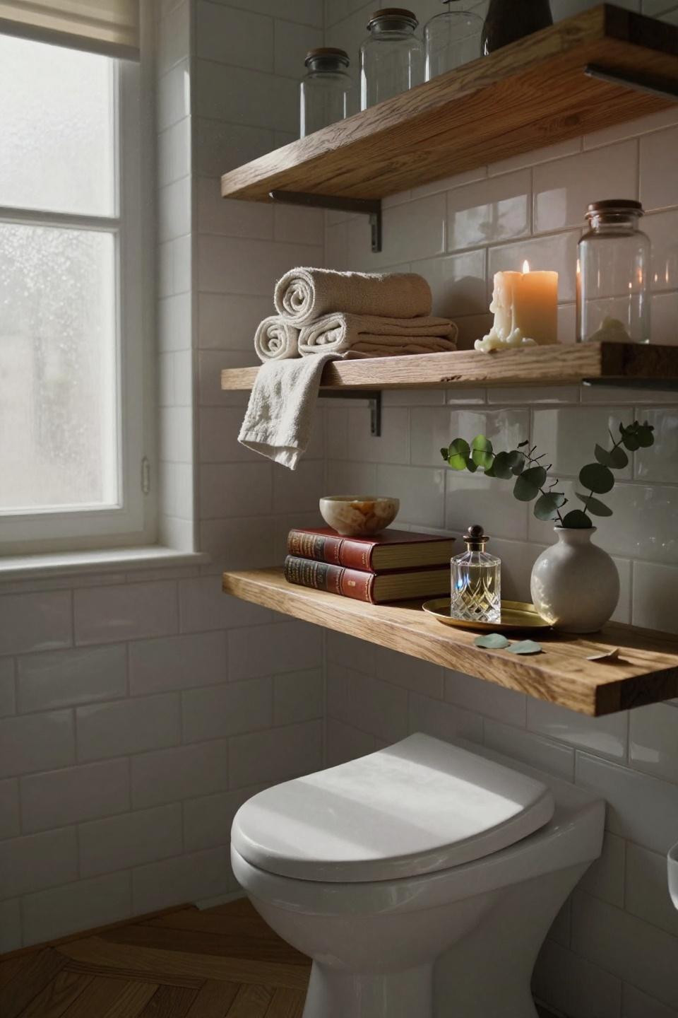 Over The Toilet Storage Ideas - honey oak shelves in Parisian powder room with herringbone floors
