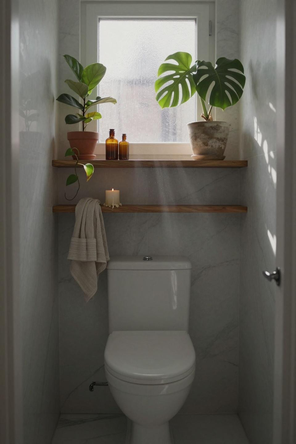 Toilet Closet Ideas - floating walnut shelves in Carrara marble powder room