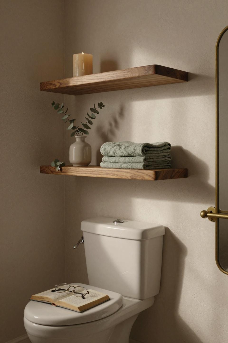 Bathroom Shelf Styling - honey walnut shelves with beeswax candle and sage linen towels