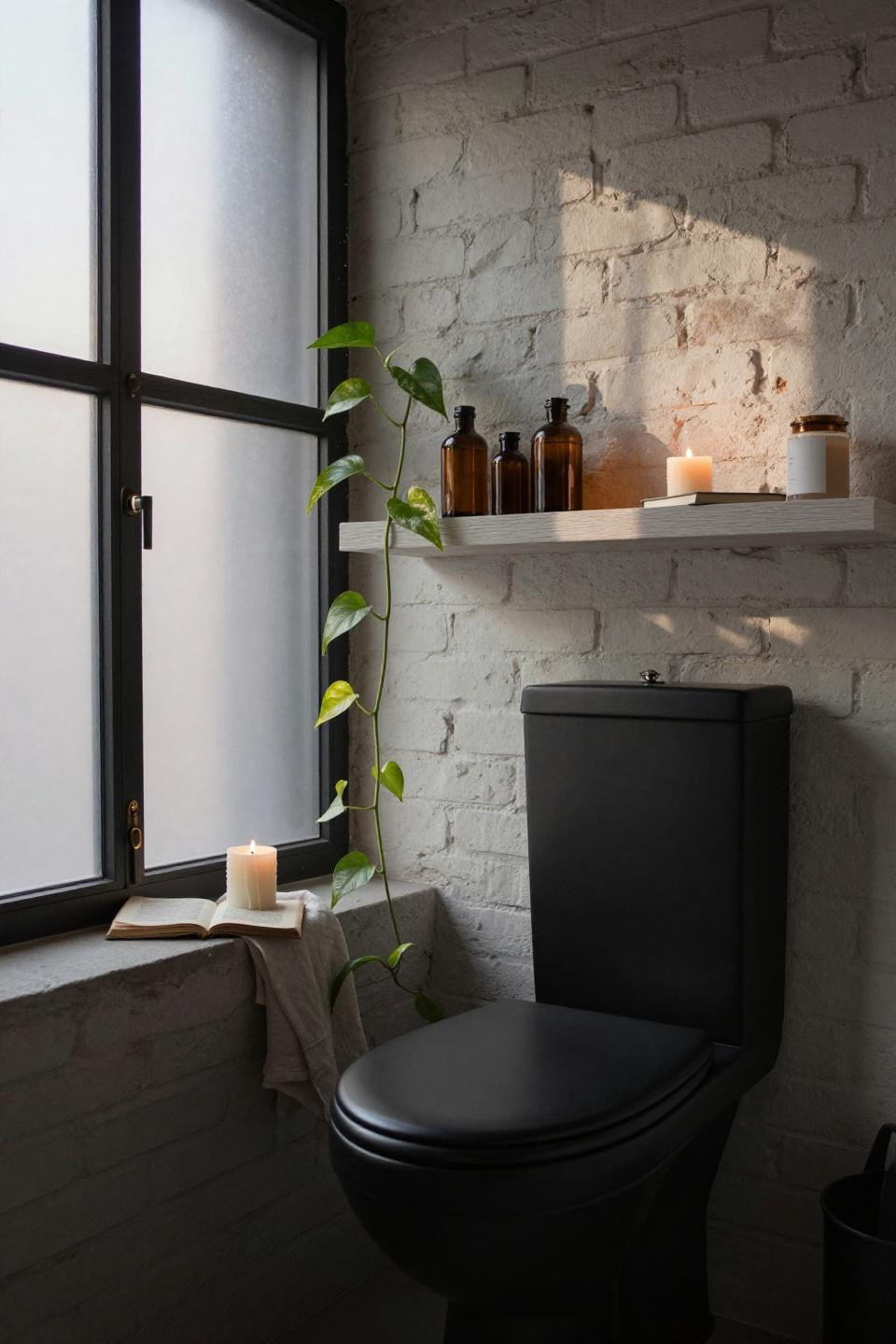 Small Full Bathroom Ideas - white oak shelves with matte black Kohler wall-mount toilet