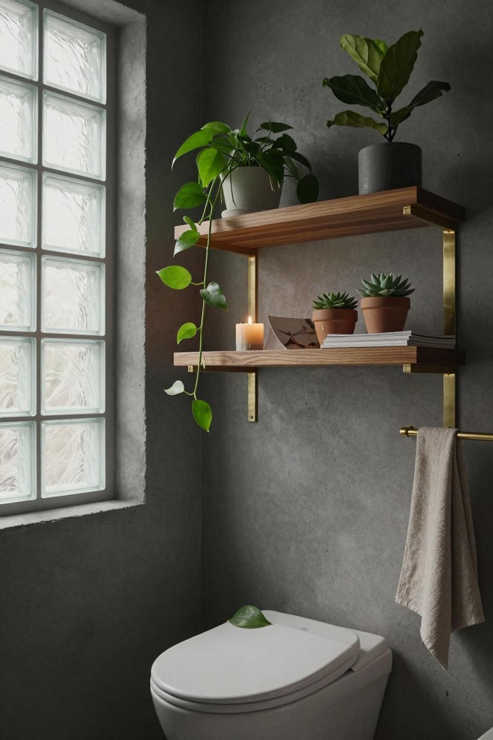Bathroom Shelving Ideas - walnut shelves with trailing pothos against concrete walls