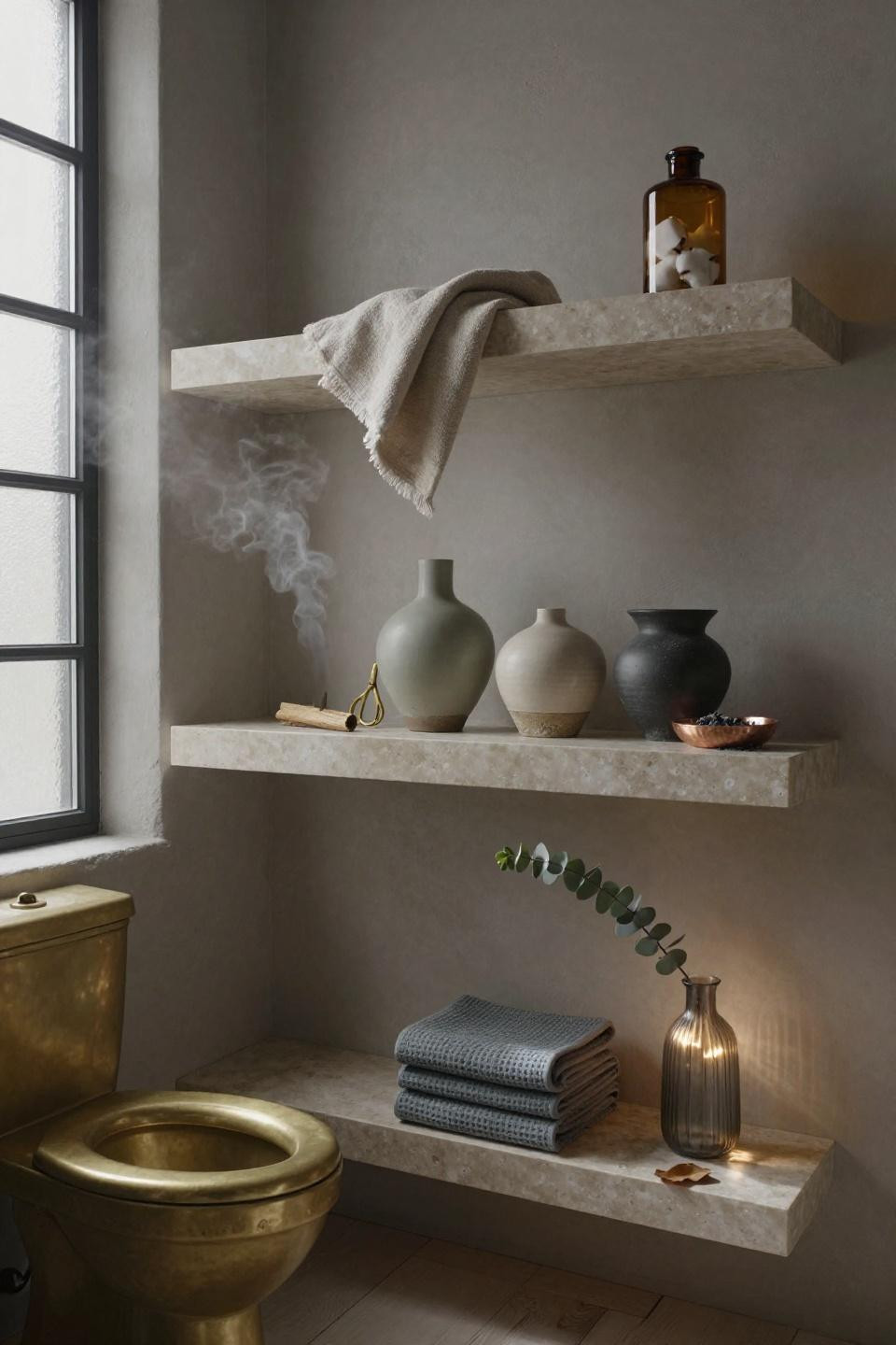 Bathroom Shelf Decor Over Toilet - travertine shelves with pothos and sage ceramics