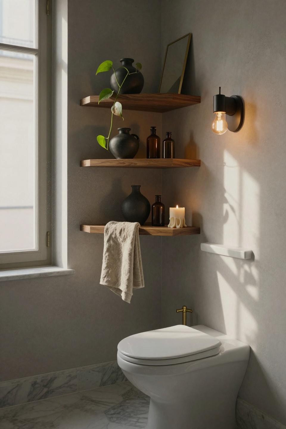 Bathroom Over The Toilet Ideas - three-tier walnut shelves in Parisian Haussmann powder room