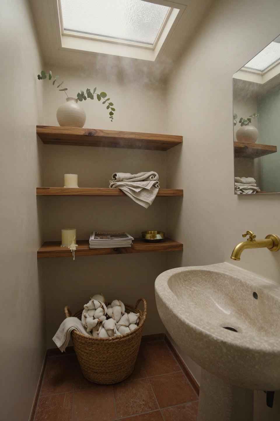 Bathroom Over The Toilet Ideas - walnut shelves in compact Parisian powder room with travertine sink
