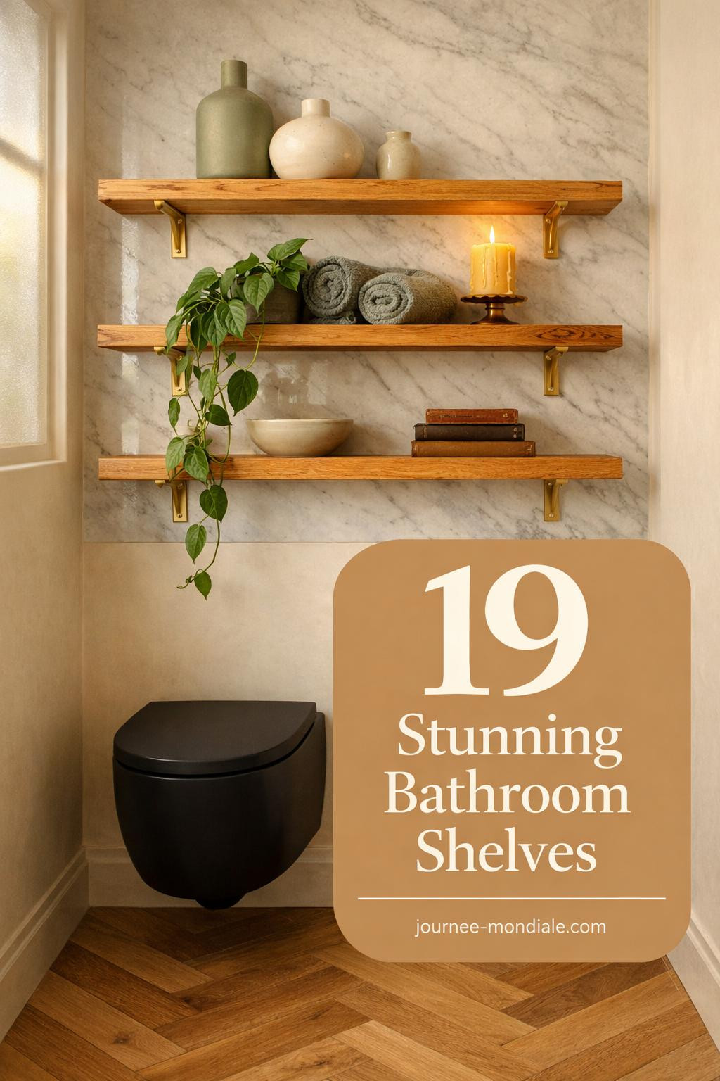 Powder room with three-tier white oak floating shelves above wall-hung toilet, brass brackets, marble wall, styled with ceramic vessels and pothos