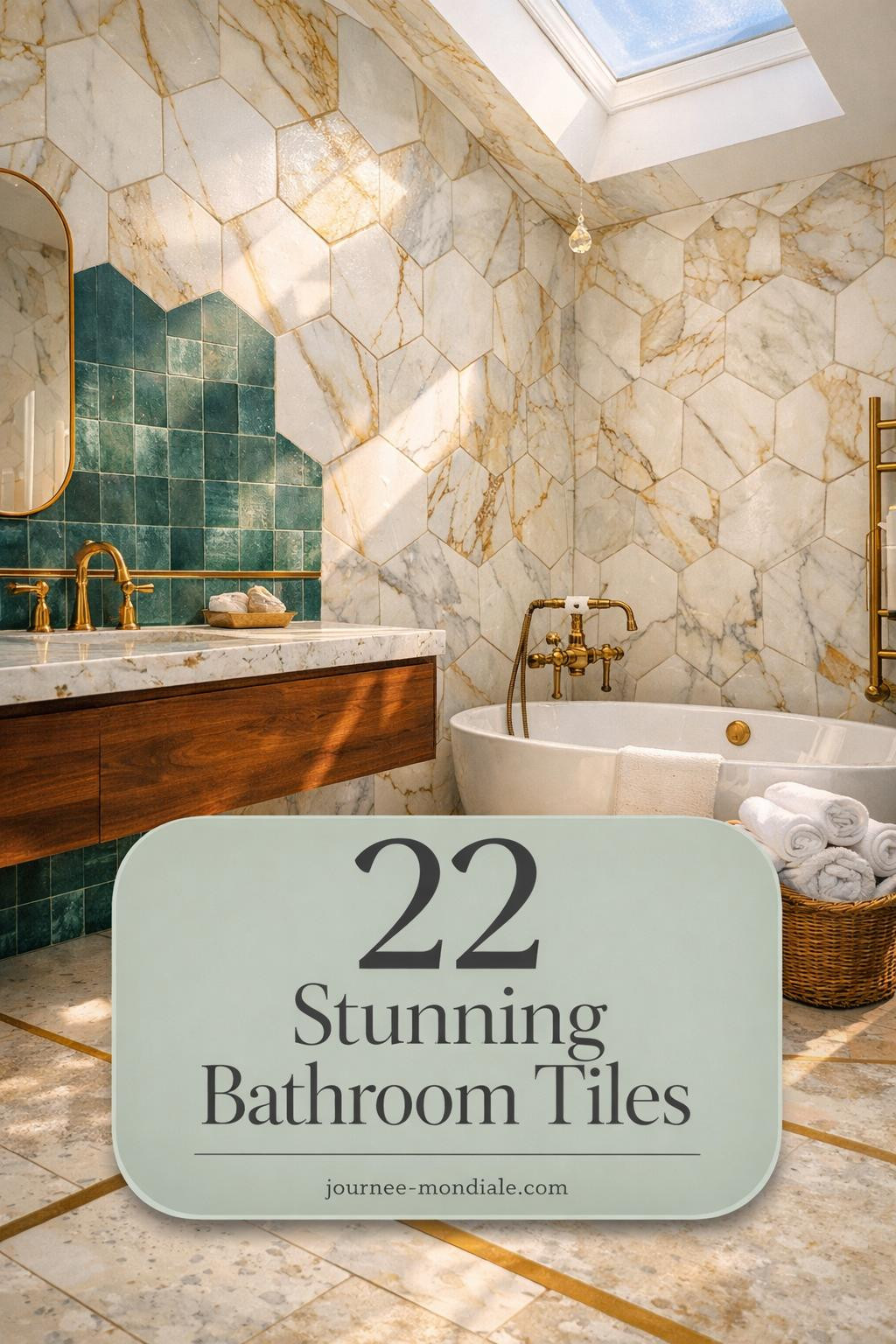 Master bathroom featuring floor-to-ceiling Calacatta marble hexagonal tiles with champagne-gold veining, floating walnut vanity with brass fixtures, teal zellige accent tiles, and freestanding soaking tub