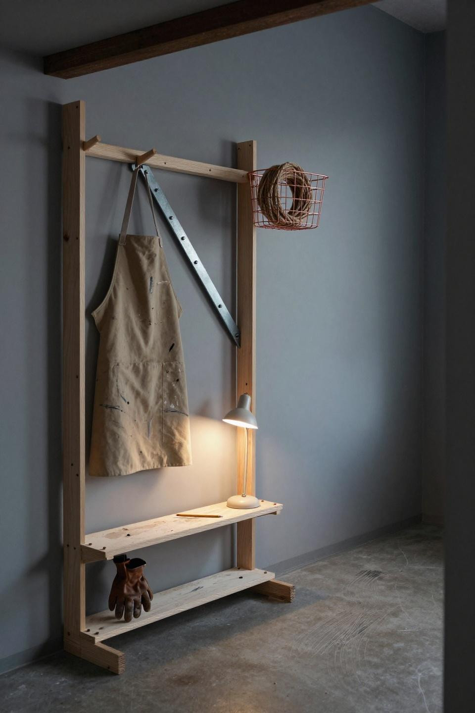 Entryway Coat Rack And Bench - birch plywood DIY frame with steel diagonal brace