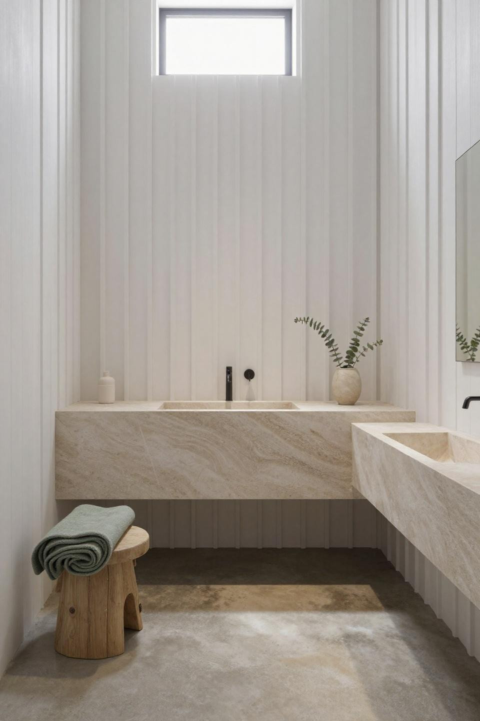 Cozy bathroom - pale birch floating vanity with limestone basin