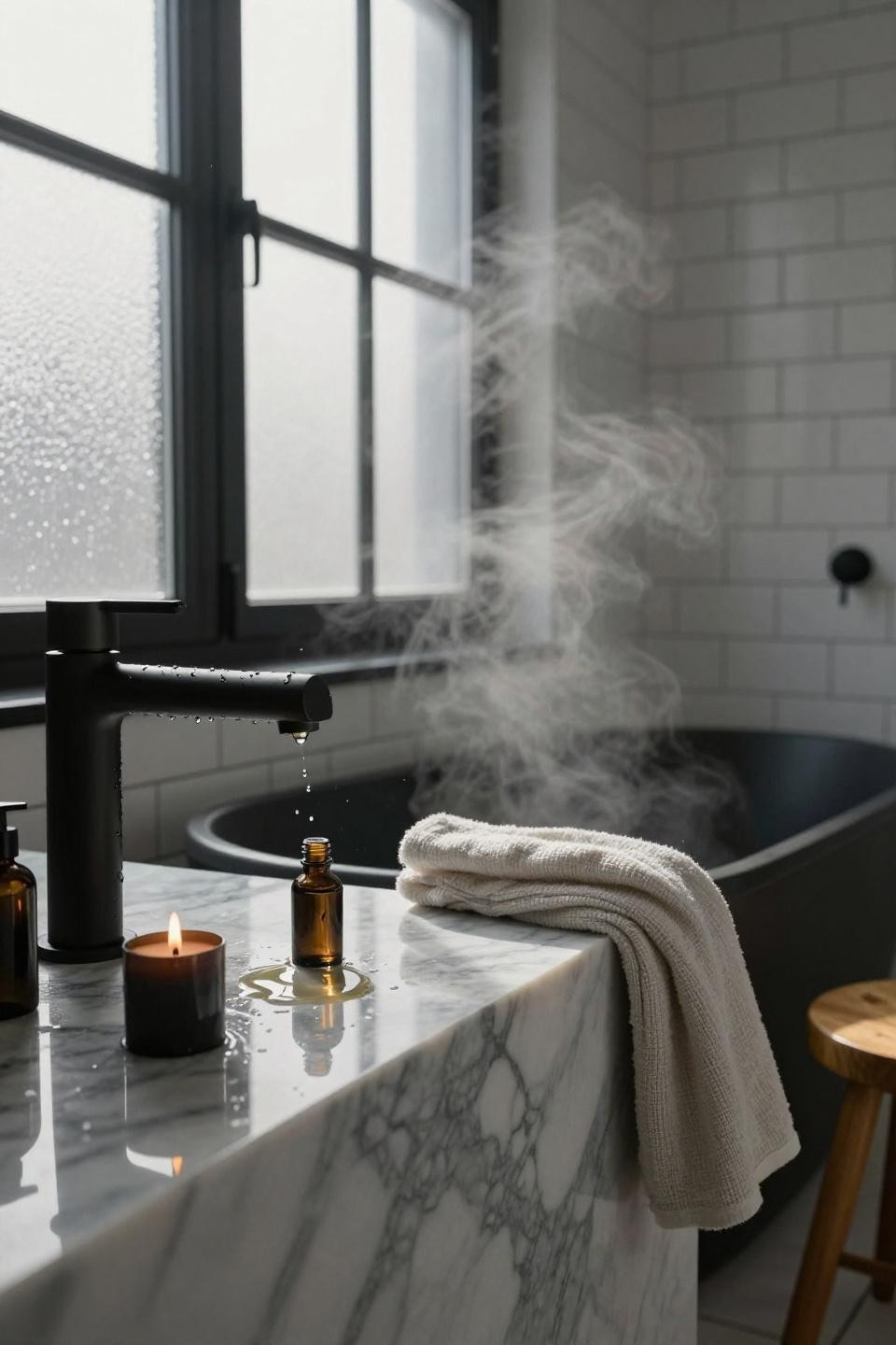 White bathroom ideas - book-matched Carrara marble countertop with Vola faucet