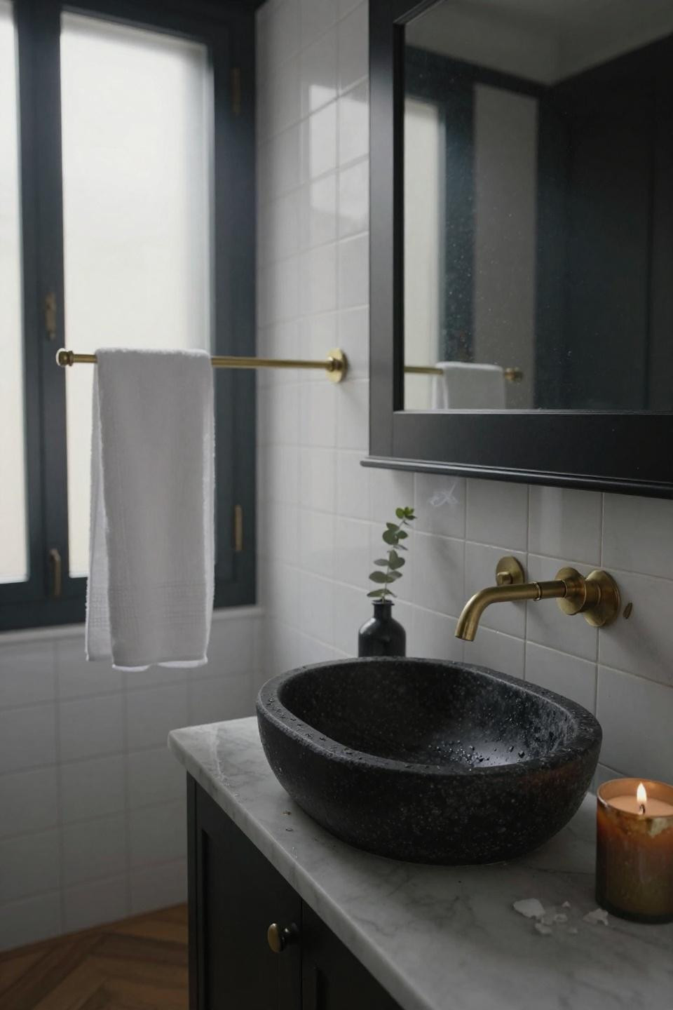 Tiny bathroom ideas - black granite vessel sink hand-carved