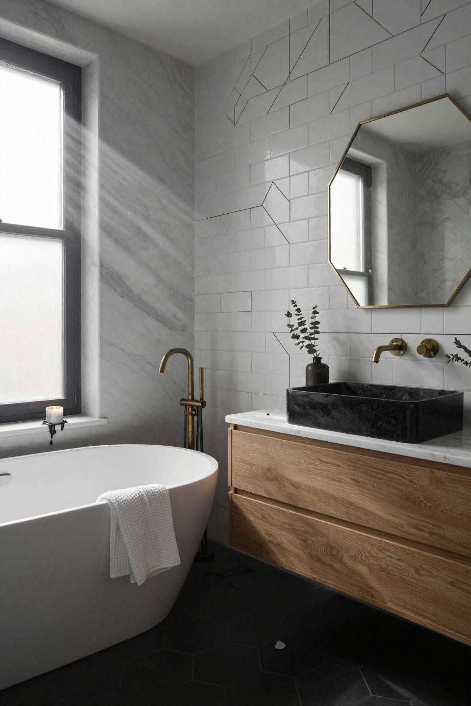 Small bathroom interior - white herringbone tile with black grout