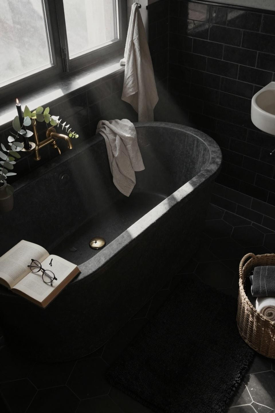 Black bathroom decor - matte black hexagonal floor tiles