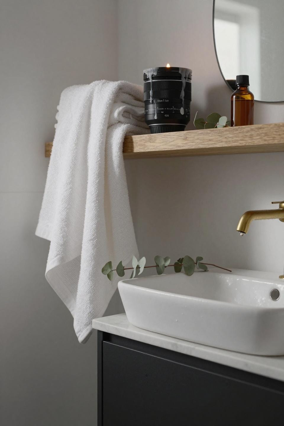 Modern bathroom ideas - white oak floating shelves with brass faucet