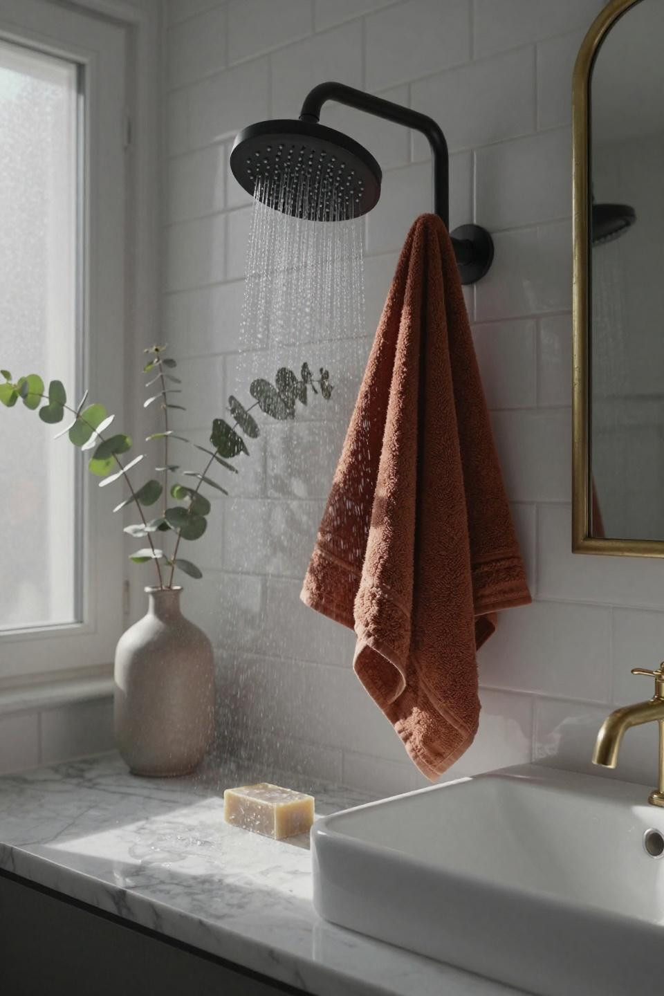 Modern bathroom design - black fixtures with white marble countertop