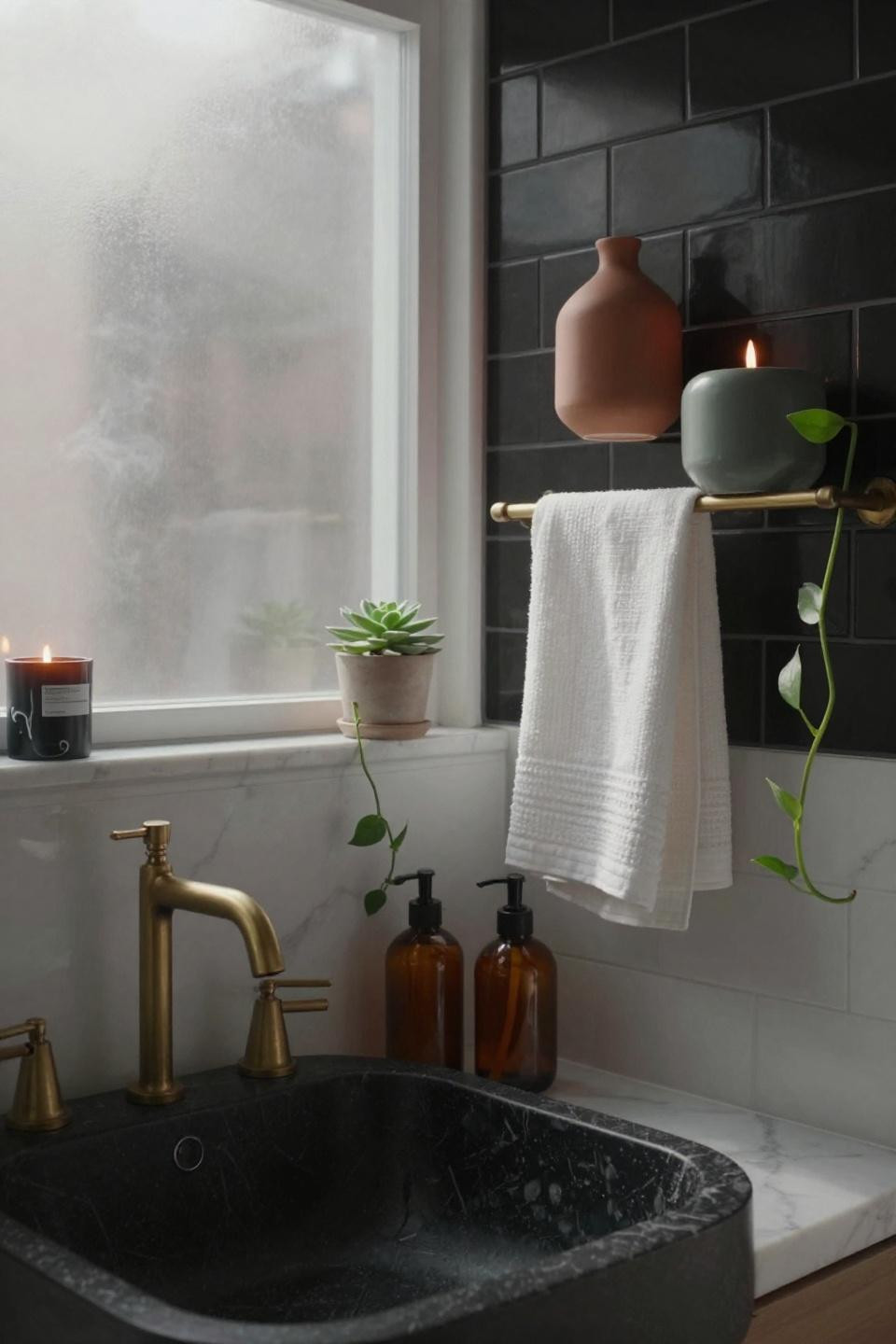 Black bathroom design - matte black fixtures with terracotta towel
