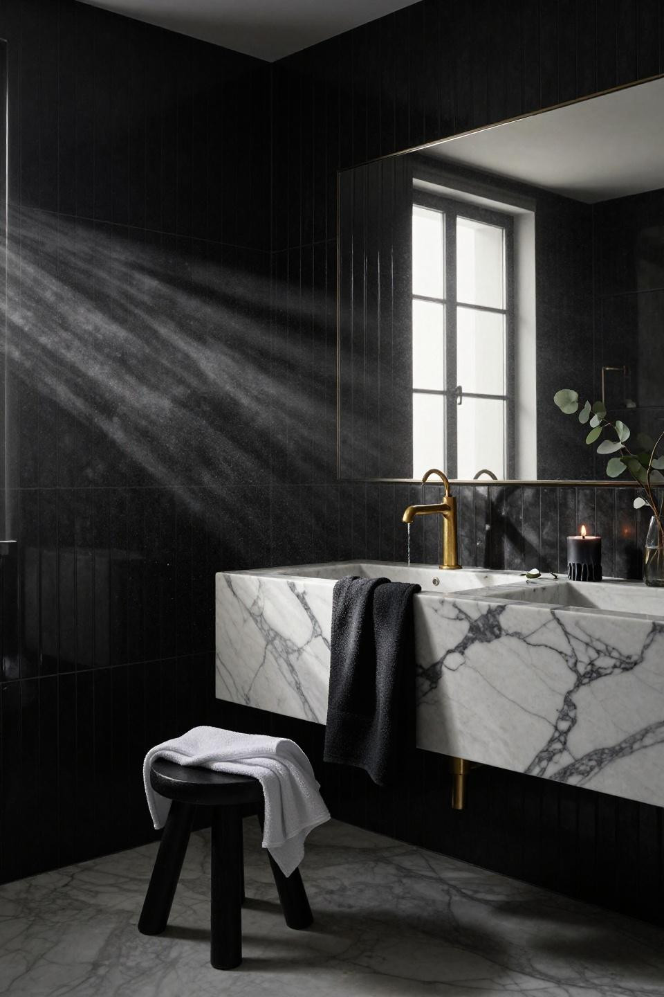 White bathroom ideas - black fluted tile with marble vanity