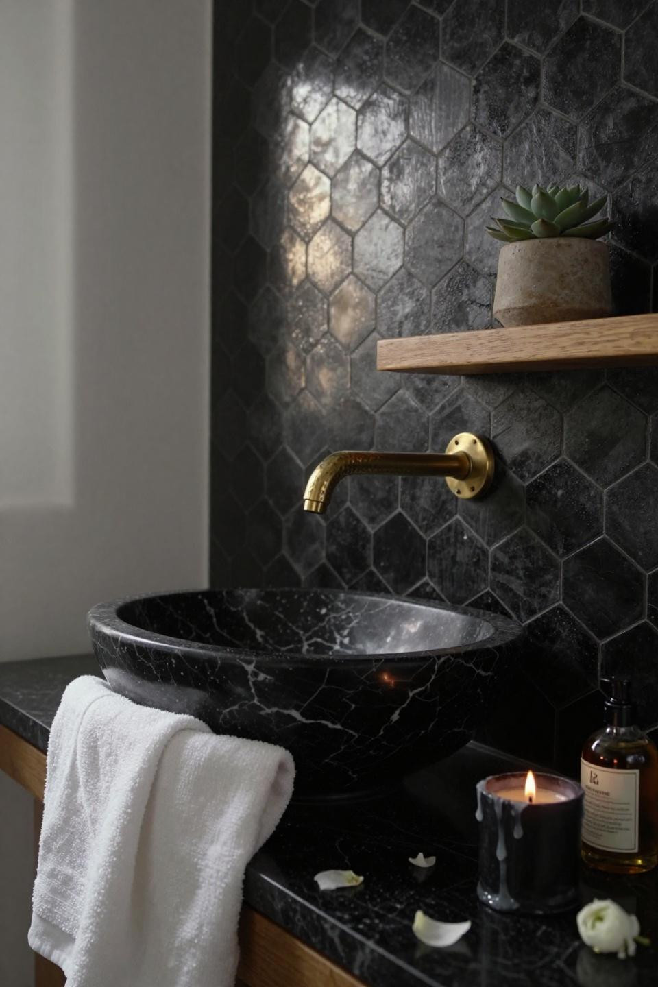 Black bathroom ideas - matte black hexagonal zellige with brass fixtures