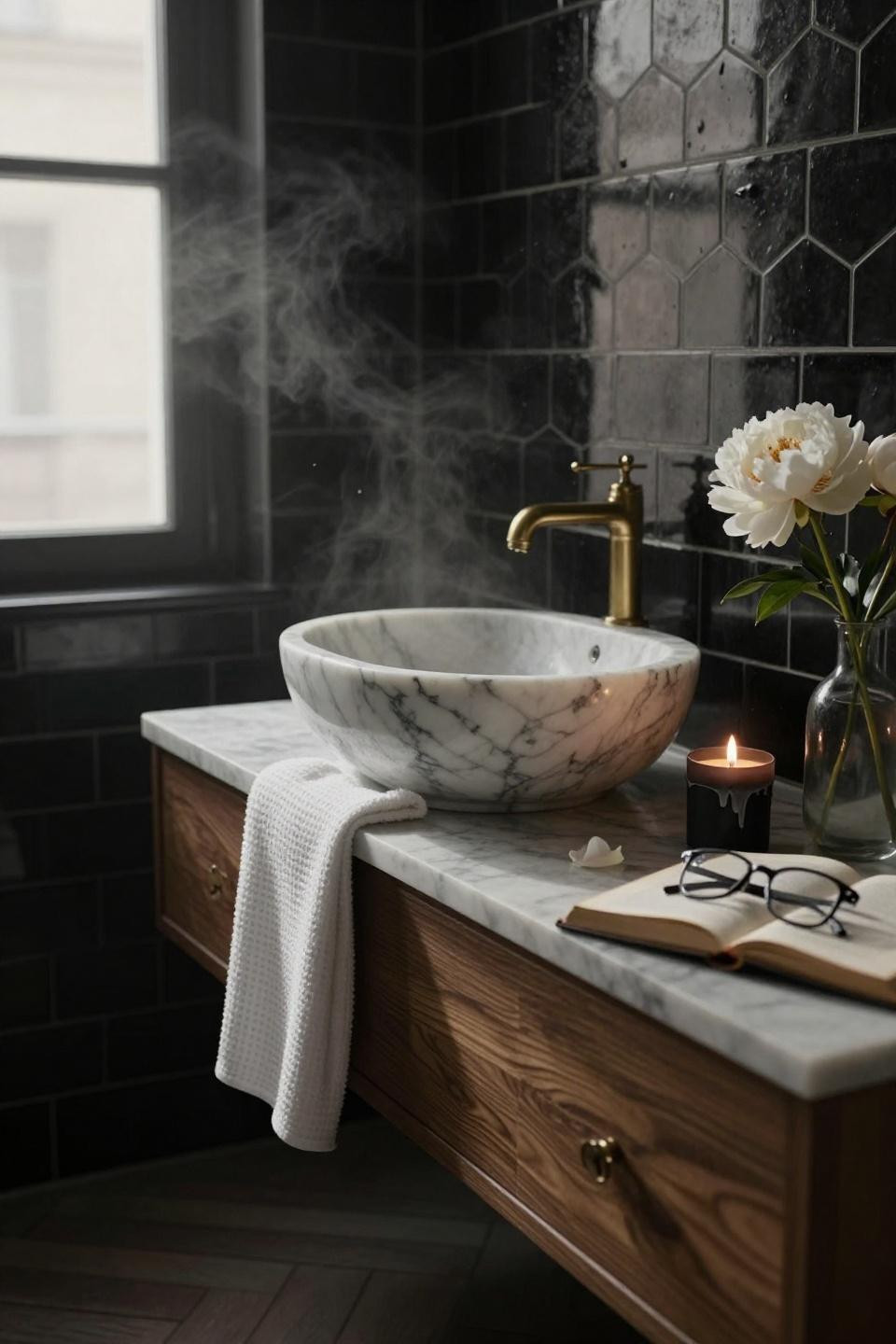 Small bathroom interior - Nero Marquina marble vessel sink walnut vanity