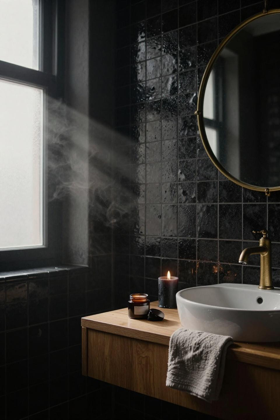 Black bathroom design - matte black zellige tiles with oak vanity