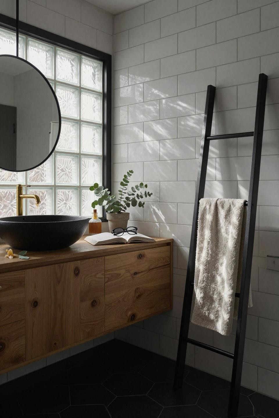 Small full bathroom ideas - honey oak floating vanity industrial loft