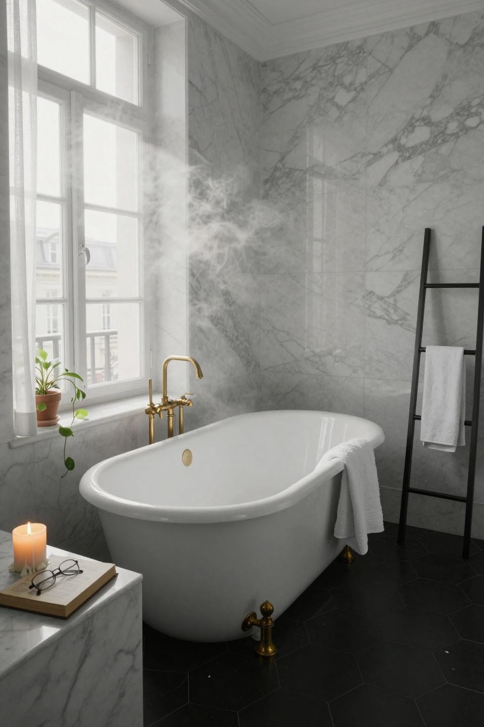 White bathroom ideas - freestanding oval tub with brass floor faucet