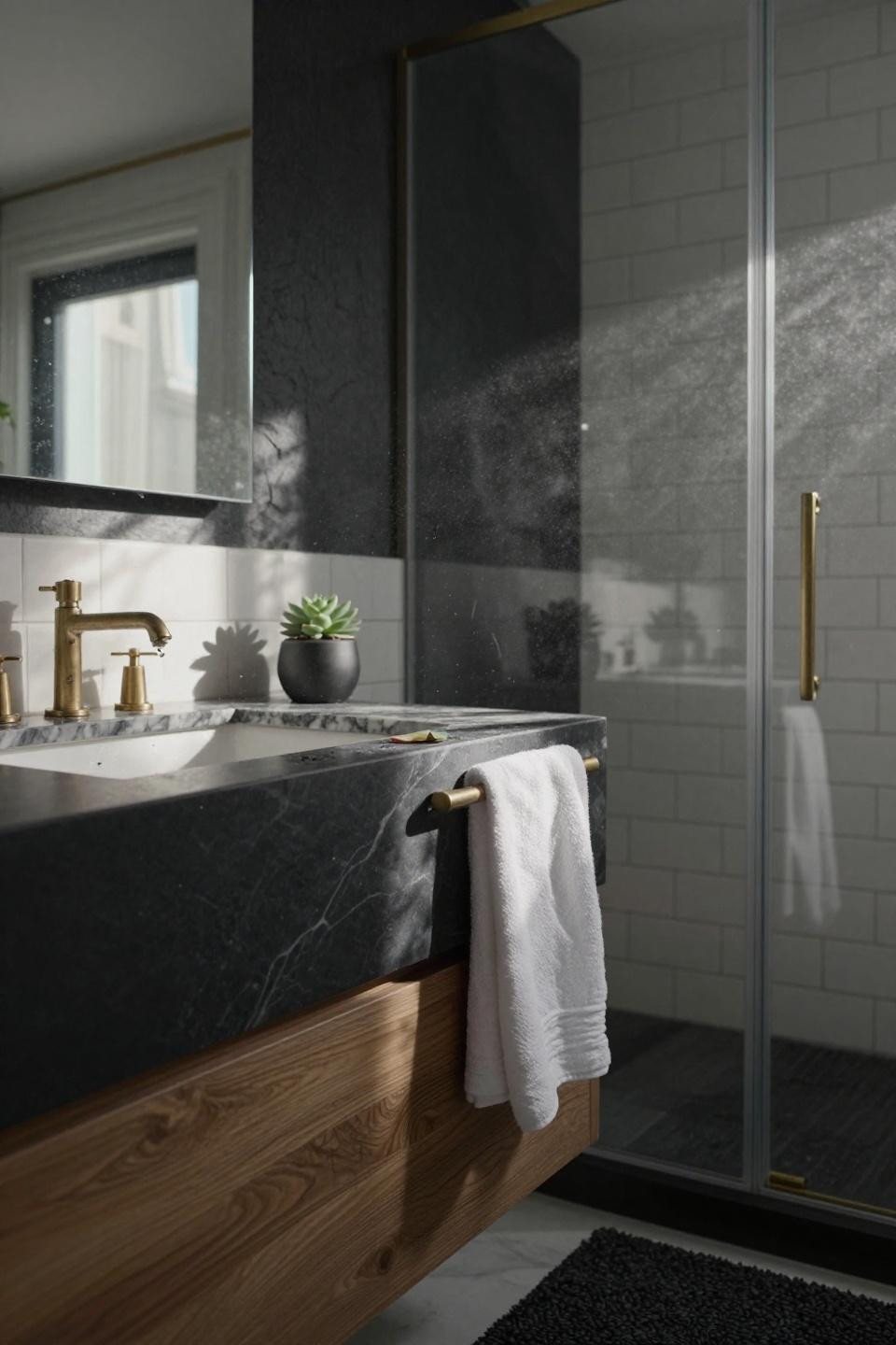 Modern small bathrooms - floating black vanity with oak drawers