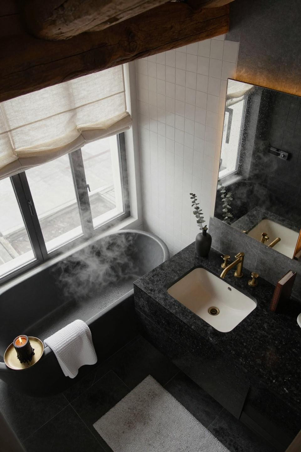 Black bathroom ideas - charcoal honed slate flooring penthouse