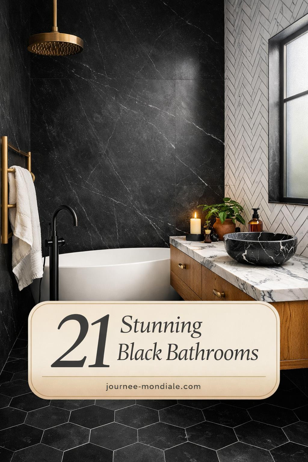 Sophisticated black stone wall bathroom featuring white herringbone tiles, freestanding oval tub, oak vanity with Carrara marble, brass fixtures, and hexagonal floor tiles
