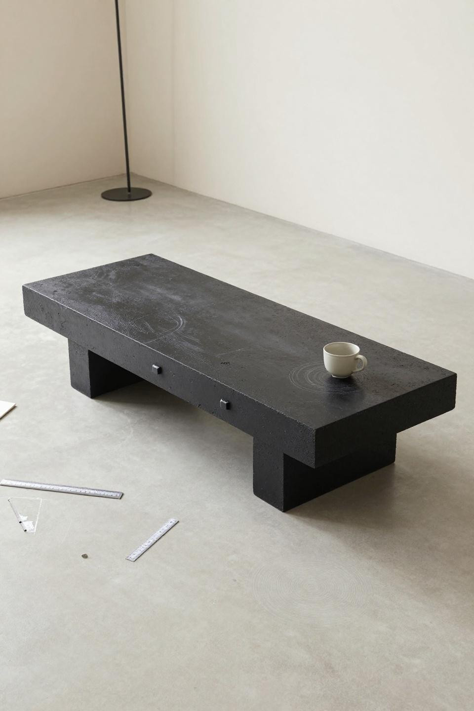 All black living room - concrete plinth coffee table overhead view