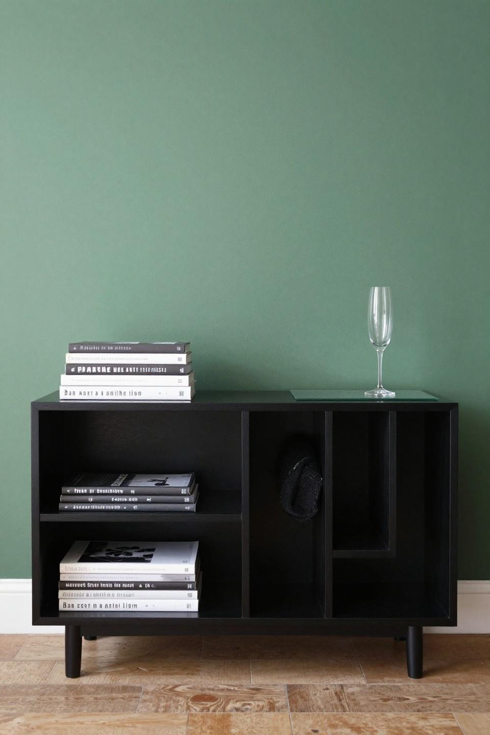 Living room with black accents - floating console on emerald wall