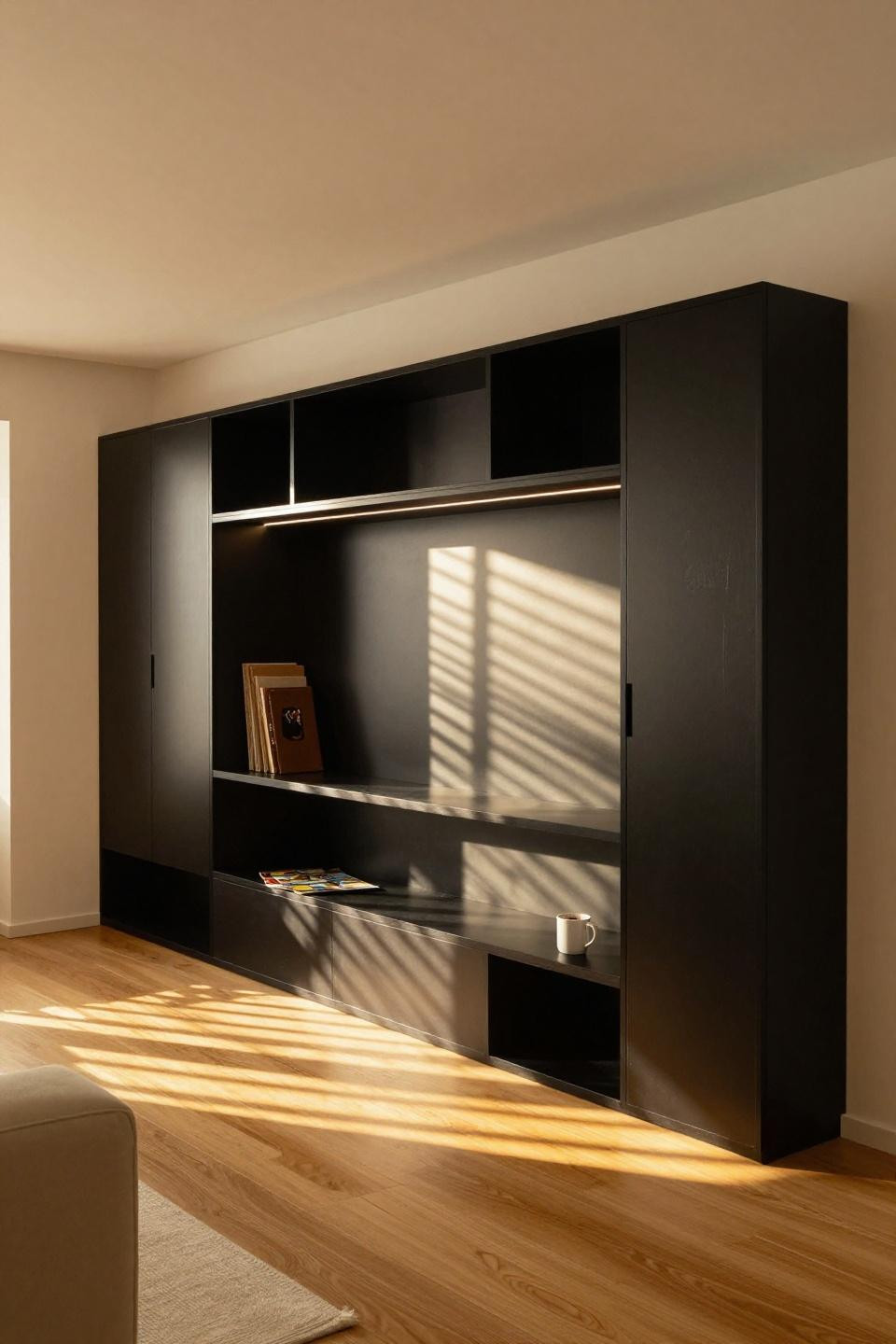 Black and wood living room - lacquered wall system with storage