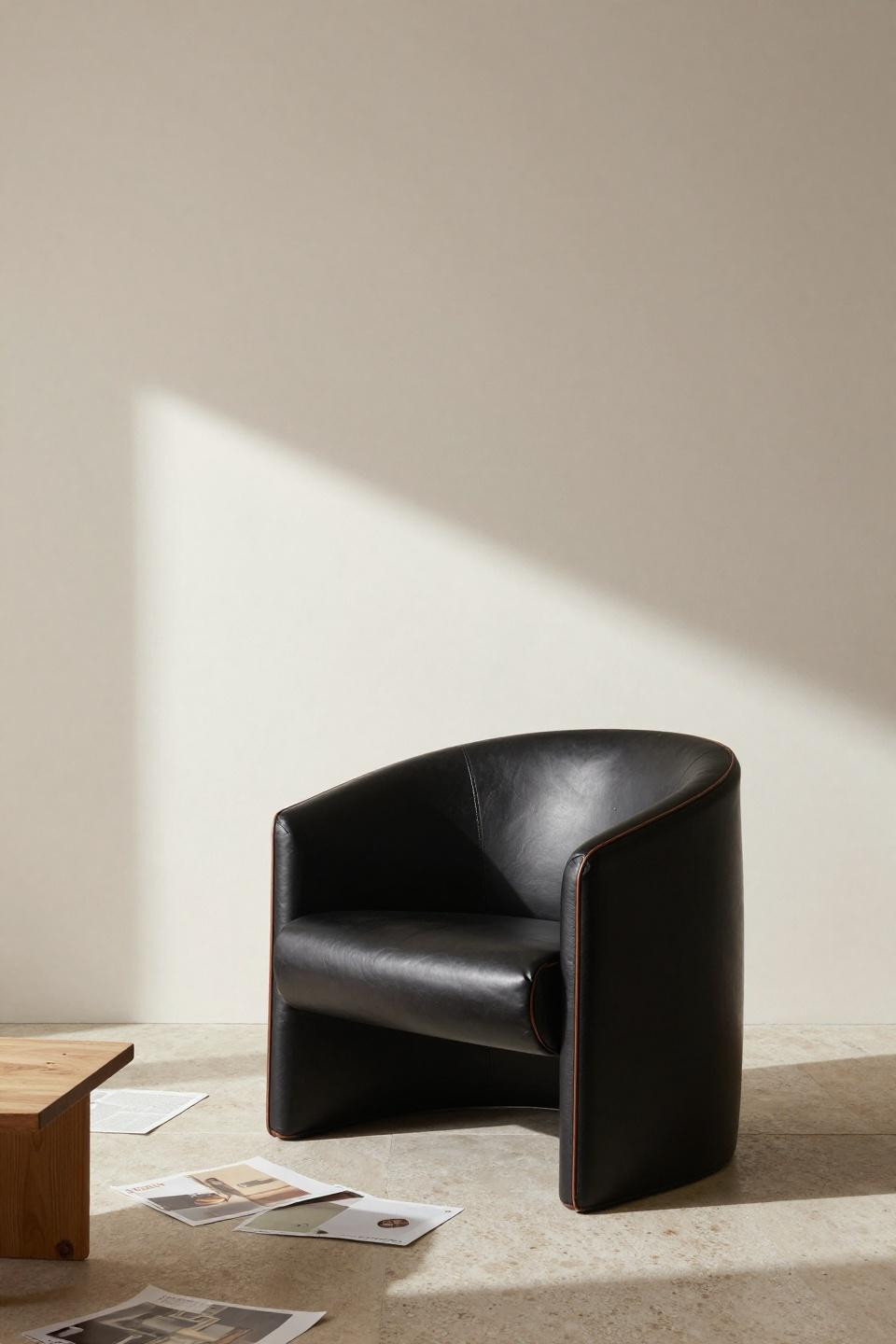 Black couch living room decor ideas - leather barrel chair with cognac detail