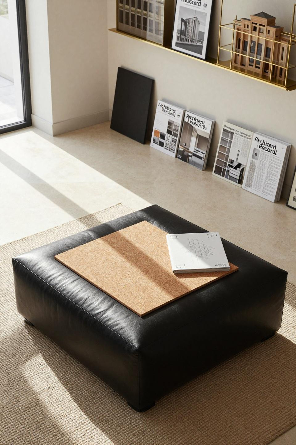 Black furniture living room ideas - leather ottoman with cork panel