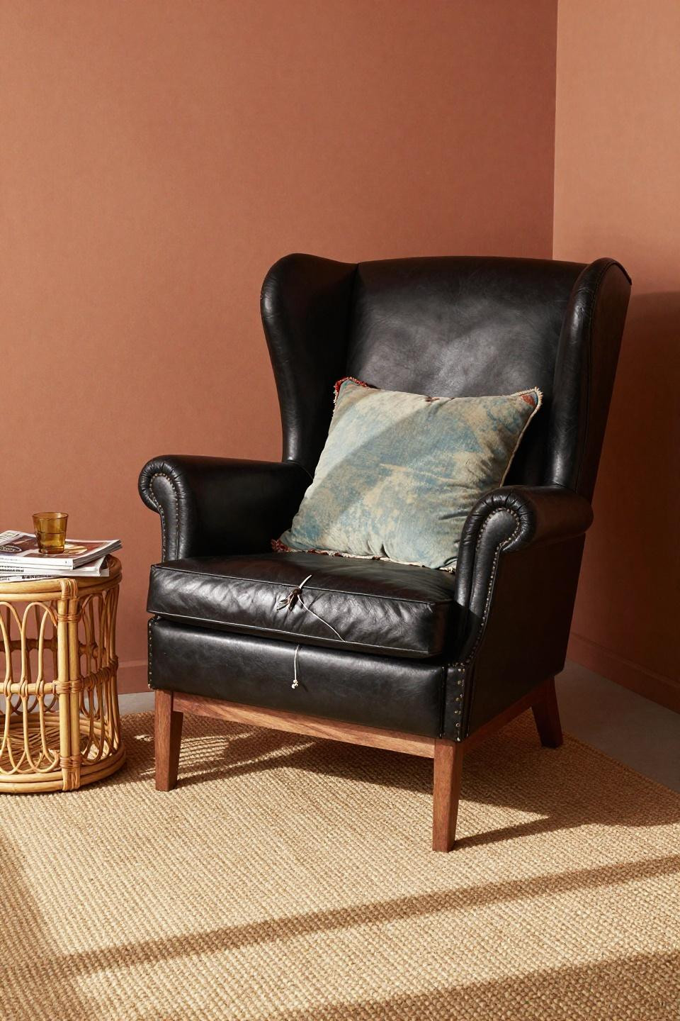Black living room decor ideas - wingback chair with walnut legs